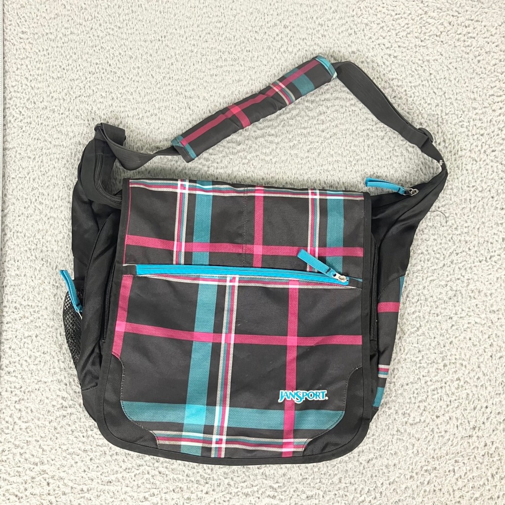 JanSport Messenger Bag OS Black Pink Teal Plaid Laptop Crossbody Y2K